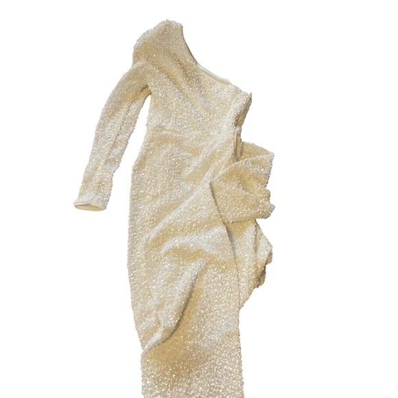 ASOS LUXE one shoulder asymmetric draped mini dress in white sequin - Picture 6 of 11